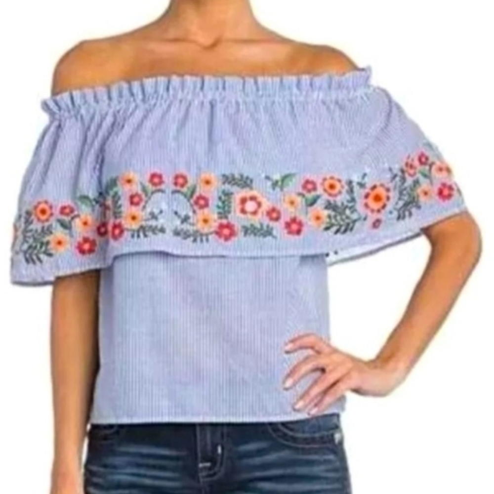 NWT Miss Me Embroidered Striped Off Shoulder Top Medium